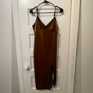 Dark Golden Velvet Sleepwear Lingerie Dress with Black Lace Details